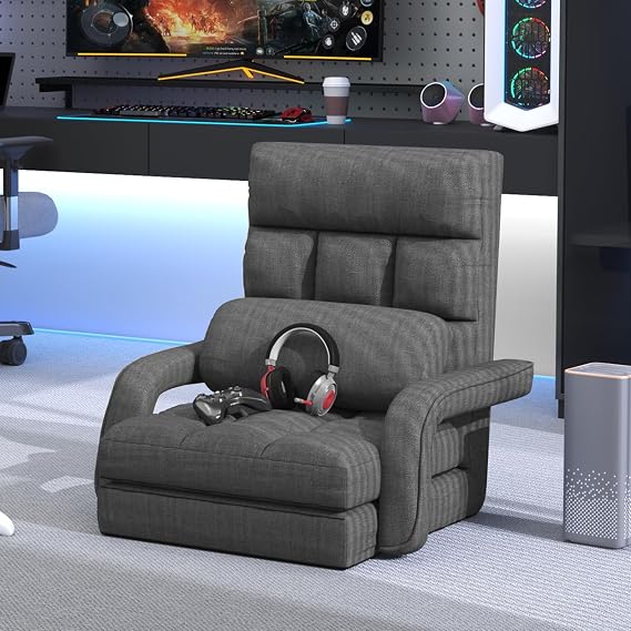 Floor Gaming Chair, 6 Position Adjustable Indoor Chaise Lounge Chair for Teens Adults, Padded Folding Meditation Sofa Chair with Armrests and Pillow Comfy Chair for Teens, Adults, Pets - Black