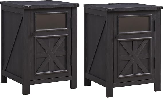 Nightstand Set of 2 with Charging Station,18" Farmhouse End Table with Barn Door & Adjustable Shelf, Wood Sofa Side Table with 3-Tier Storage for Living Room, Bedroom, Black