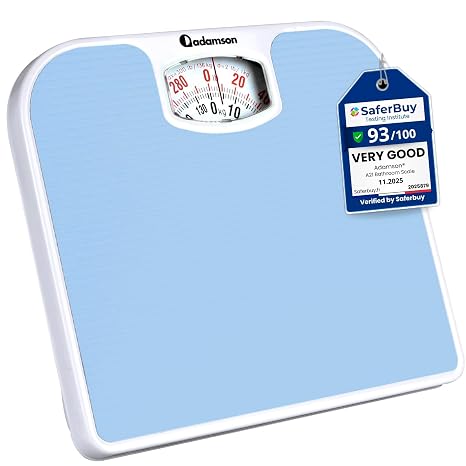 Adamson A21 Analog Scales for Body Weight - Up to 300 LB - New - Anti-Skid Rubber Surface + Large Numbers - Analog Bathroom Scale - Affordable - Durable with 20-Year Assurance - Light Blue