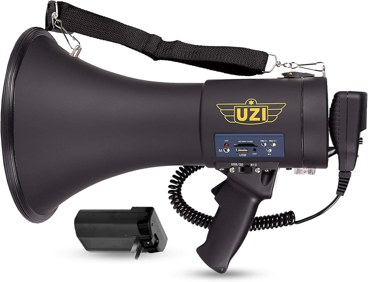 Uzi High Power Loud Big Bluetooth Megaphone 50W, Professional Bullhorn Megaphone Used by First Responders, Police & Agencies, Rechargeable Battery, PA System, Outdoor Activitie