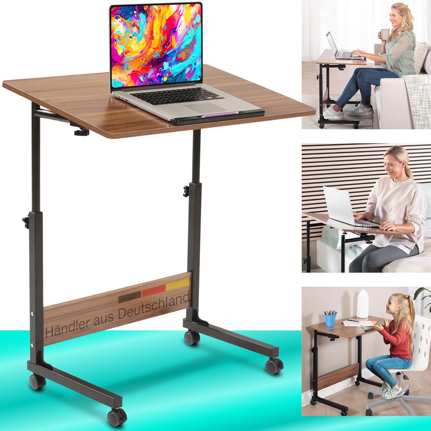 maxvitalis mobile laptop table desk computer desk care table height adjustable with wheels table top tiltable multifunctional side table for bed sofa couch laptop stand wood look