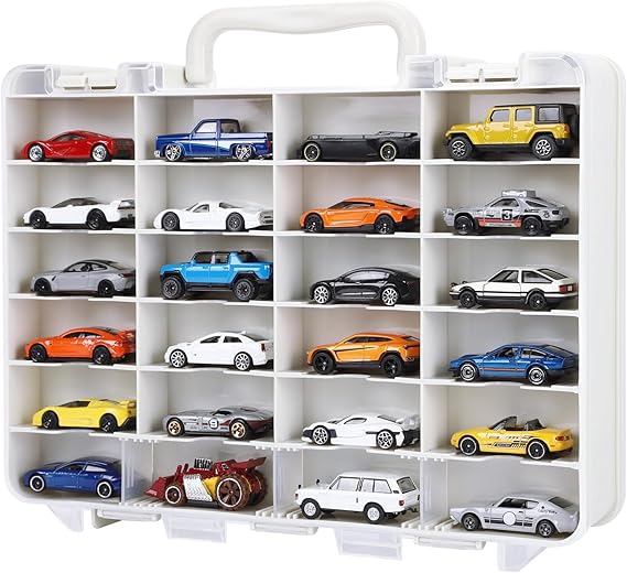 Saichotoy Storage Case for Hot Wheels, 48-Slot Carrying Display Case, Beige | Double-Sided 1/64 Toy Car Storage Organizer with Clear Lids, Beige Frame, Built-In Anti-Slip Steps and Adjustable Dividers