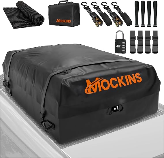 Mockins 25 CuFt Waterproof Rooftop Cargo Bag for Top of Car 60"x43"x17" | All-Weather 500D Vinyl Car Top Carrier without Roof Rack | No Rack Rooftop Cargo Carrier Bag with Mat, Lock, Hooks & Straps