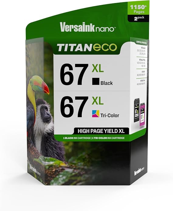 VersaInk-Nano 67 XL Titan ECO Black & Tri-Color Ink Cartridge 2-Pack Replacement of HP 67 and 67 XL, Works with HP DESKJET 2723,2734,2755,2855,4133,4155,4255, Envy 6055,6075,6455,6475
