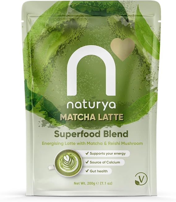 Naturya Energizing Matcha Superfood Latte Blend 200g - Creamy Vegan & Gluten-Free Matcha Green Tea with Coconut Milk, Reishi Mushroom, Live Bio Cultures & Seaweed (200g)