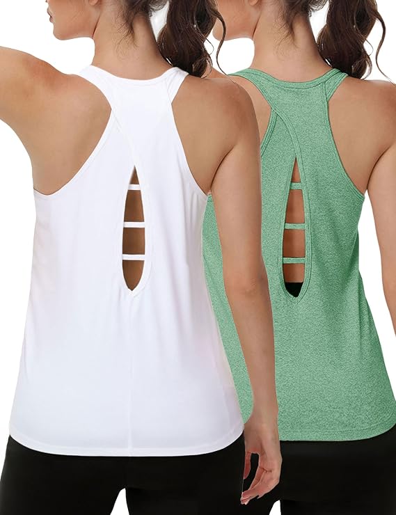 YOYOYOGA Tank Tops for Women Open Back Running Tops Workout Shirts 2 Packs | Racerback,Loose Fit,Buttery Soft,Stretchy,Wrinkle Free,Melange Color,Quick Dry,Lightweight,Athletic,Exercise,Gym,Yoga,Casual