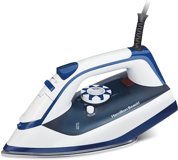 Hamilton Beach Iron & Garment Steamer for Clothes with Smooth Press Stainless Steel Soleplate, 3-Way Auto Shutoff, 1500 Watts for High-Velocity Steam, 10 Cord, Leak-Proof Anti-Drip, White (14650)