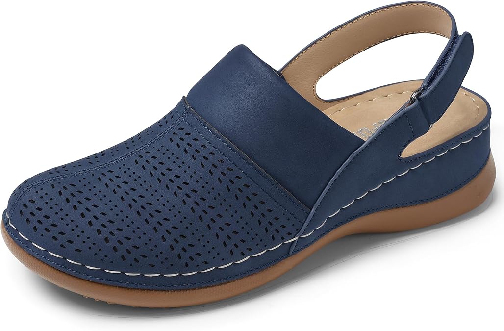 TEMOFON Shoes for Women Clogs Sandals: Comfortable Closed Toe Wedge Shoes Dark Blue Size 8 Sling-Back Walking Mules with Arch Support
