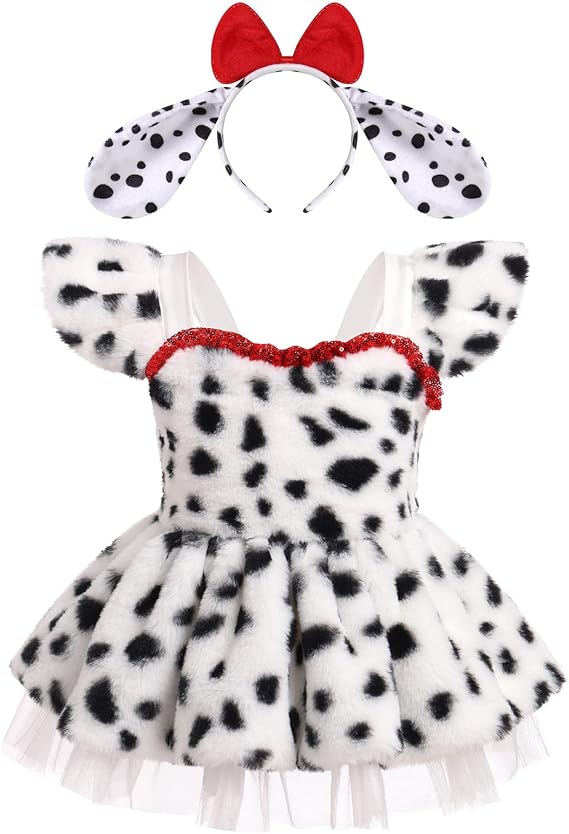 AWIBMK Baby Girls Dalmatian Cow Dress with Ears Headband Halloween Costume Cosplay Role Play Cake Smash Clothes 3-24 M