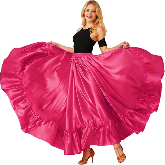 Baisdan Dance Skirt for Women, Flamenco & Belly Dance Skirt, Long Satin Spanish Folk Costume, Halloween Costume