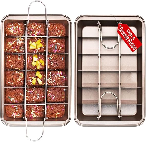Non Stick Brownie Pan with Dividers, High Carbon Steel Baking Pan, Makes 18 Pre-cut Brownies All at Once - 10.3 X 6.4 X 1.6 Inches (Inside Dimension)