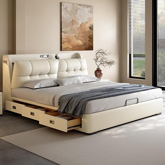 OUDINI USB Leather Bed Cream Style Shell Leather Bed Modern King Size Upholstered Platform Bed Frame Strong Wood Slats Support
