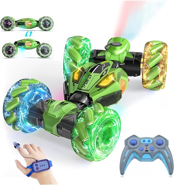 Gesture Sensing RC Stunt Cars - Toys for Boys Girls 6-12 | Best Gifts for Kids 6-12 Years Old | 4WD 360 Rotating Remote Control Transform Car | All-Terrain Off Road Vehicle with Lights Music Green