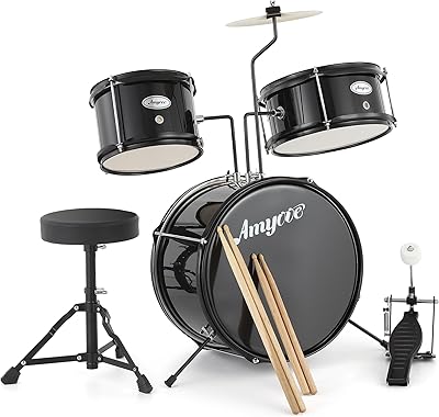 Drum Set for Beginners, 3-Piece Drums Set, Drum Sets with Bass Drum, 8 Suspended Cymbal, Stool, Drumsticks, Pedal, Dark Black