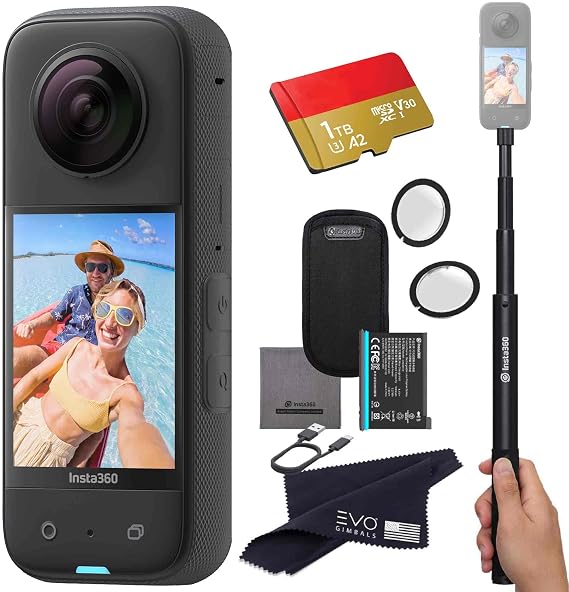 Insta360 X3 - Waterproof 360 Action Camera with 1/2" 48MP Sensors, 5.7K 360 HDR Video, 72MP 360 Photo, 4K Single-Lens, 2.29" Touchscreen, AI Editing |Bundle Includes Selfie Stick,Lens Guard&1TB