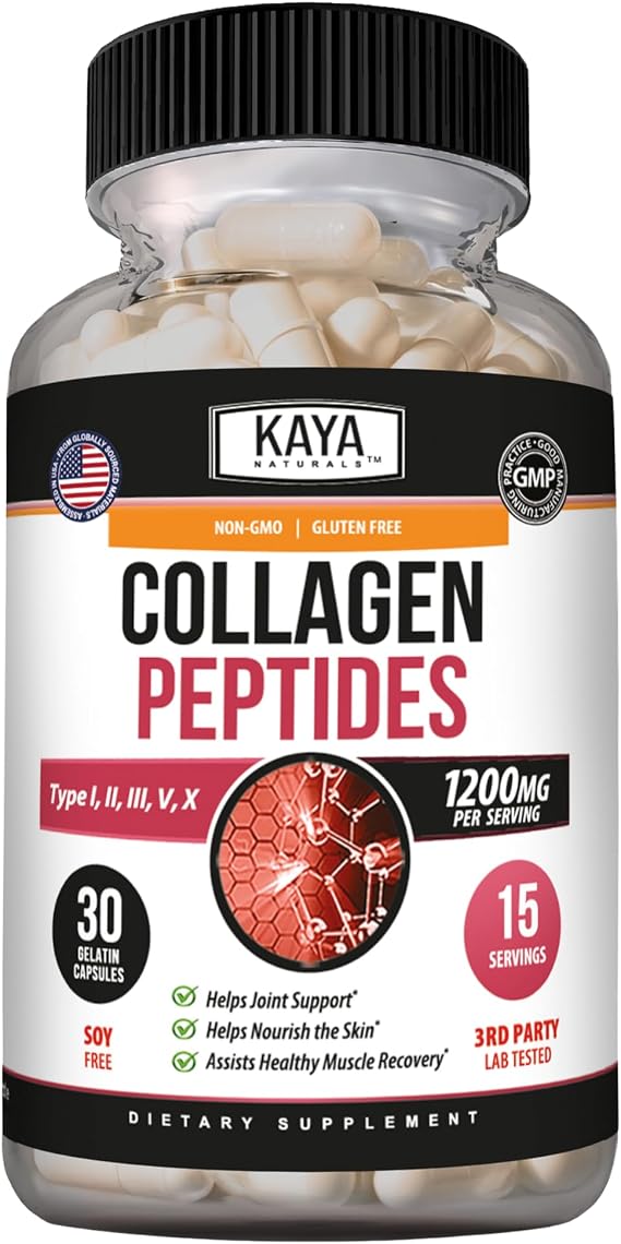 Kaya Naturals Multi Collagen Peptides Types I, II, III, V & X, 30 Capsules | Multi Collagen Peptides; Types I, II, III, V & X; Bovine, Chicken, Marine, Eggshell Membrane & Avian Sources