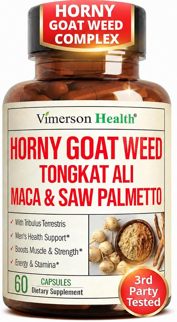 Horny Goat Weed for Men 1000mg 9-in-1 Male Enhancing Supplement for Energy & Stamina Hornygoatweed with Maca Root, Tongkat Ali, Saw Palmetto, Panax Ginseng & Tribulus Terrestris 60 Capsules