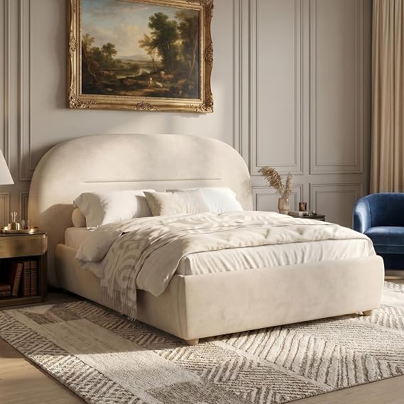Blisswood Luxury Double Bed Frame 4ft6, Thick Puffed Curved Headboard, Premium Soft Touch UKFR Upholstered Double Bed Frame, Modern Low Platform Designer Bed with Wooden Slats & Solid Legs, Cream