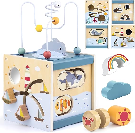 Airlab Wooden Activity Cube Montessori Toys for Boys Girls, Ocean | Montessori Learning Birthday Gift Sensory Interactive Learning Toys