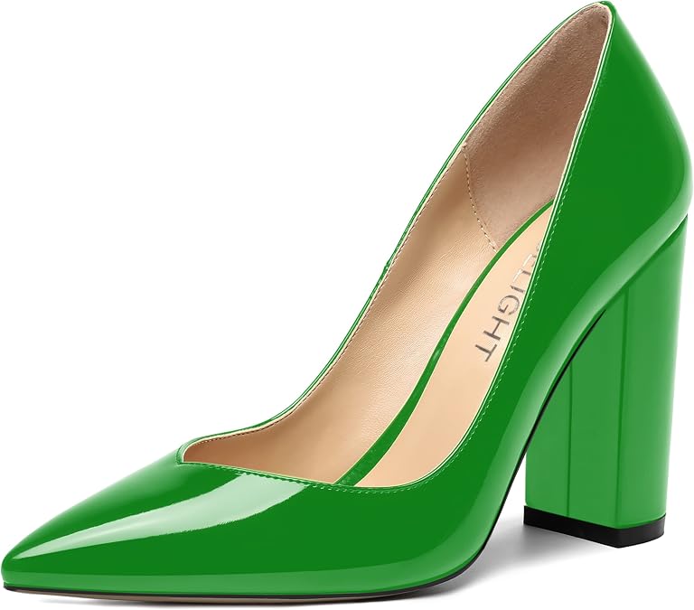 AMBELIGHT Womens Pointed Toe Evening Slip On Patent Solid Dress Chunky High Heel Pumps Shoes 4 Inch