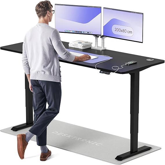 Desktronic HomePro Standing Desk – 200 x 80 cm Height Adjustable Desk with Electric Dual Motor, Touchscreen Controller & Integrated USB/USB-C, 3 Memory Presets