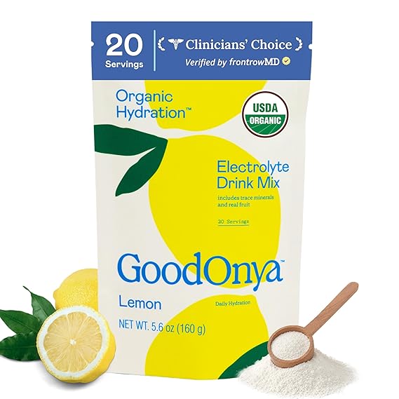 GoodOnya Organic Hydration Electrolyte Drink Mix, Certified Organic Hydration Powder, Non-GMO, Biochecked Glyphosate Free, Low Sugar, Lemonade Flavor, No Artificial Flavors, 20 Servings