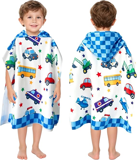 Cartoon Car Beach Towel with Hood Soft Swim Poncho for Toddler