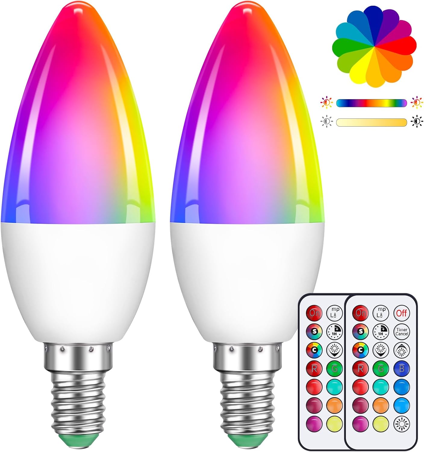 2 Pack 5W E14 C35 Dimmable Multi-Color Candle LED Bulb,Color Changing Bulb with Remote Control, RGBWarm White Timing Edison Screw Lamp, Suitable for Daily Lighting and Atmosphere Lighting [Energy Class E]