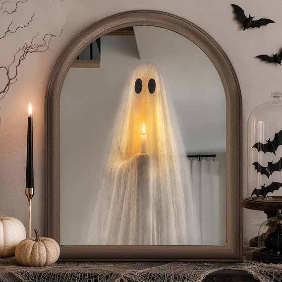 ORIENTAL CHERRY Halloween Decor - 11" x 13.8" Light Up Ghost Mirror | Spooky Halloween Decorations Indoor, Wall Table Mantel Display, Home Party Decor