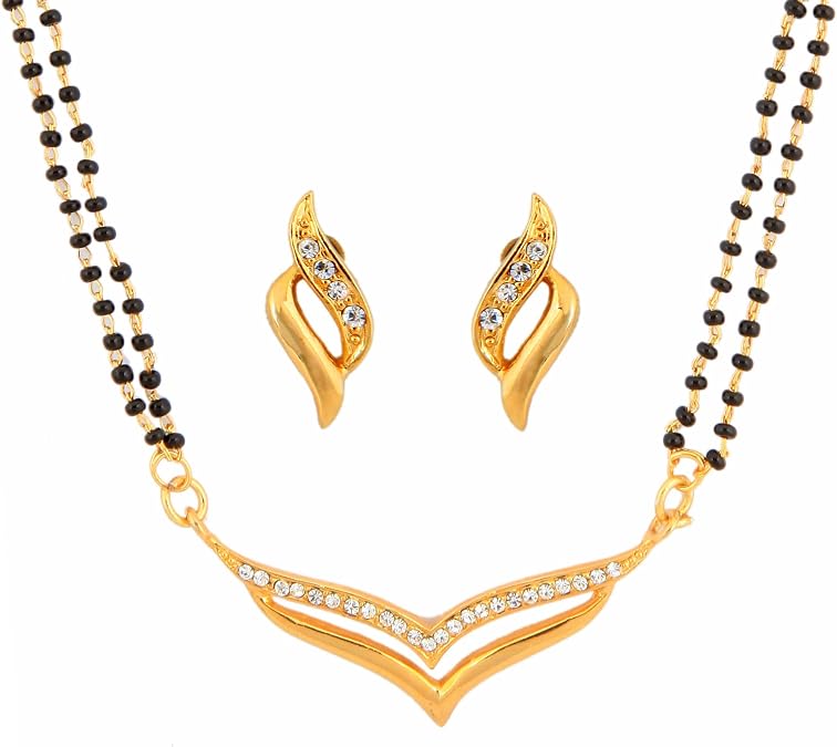 Touchstone Indian Bollywood Style Rhinestone Zirconia CZs Black Beads Symbolic Designer Jewelry Mangalsutra Set in Gold Or White Tone for Women.