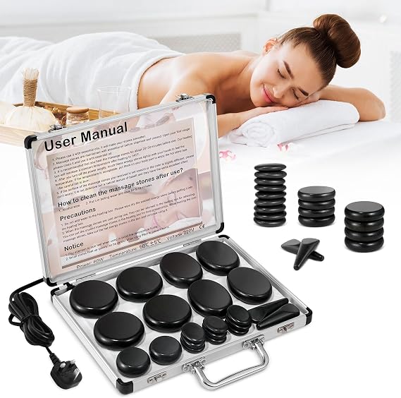 21Pcs Hot Stones Massage Kit with Heater for Professional Spa Therapy | Electric Basalt Warm Stones Massage Set | Deep Muscle Relaxation