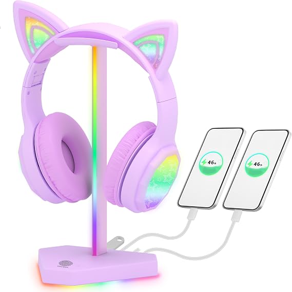 RGB Headphone Stand with 2 USB-C Charging Ports and 1 USB Charging Port Headset Holder for Desk Gaming with 7 Light Modes and Anti-Slip Rubber Base, Perfect for All Earphone Accessories