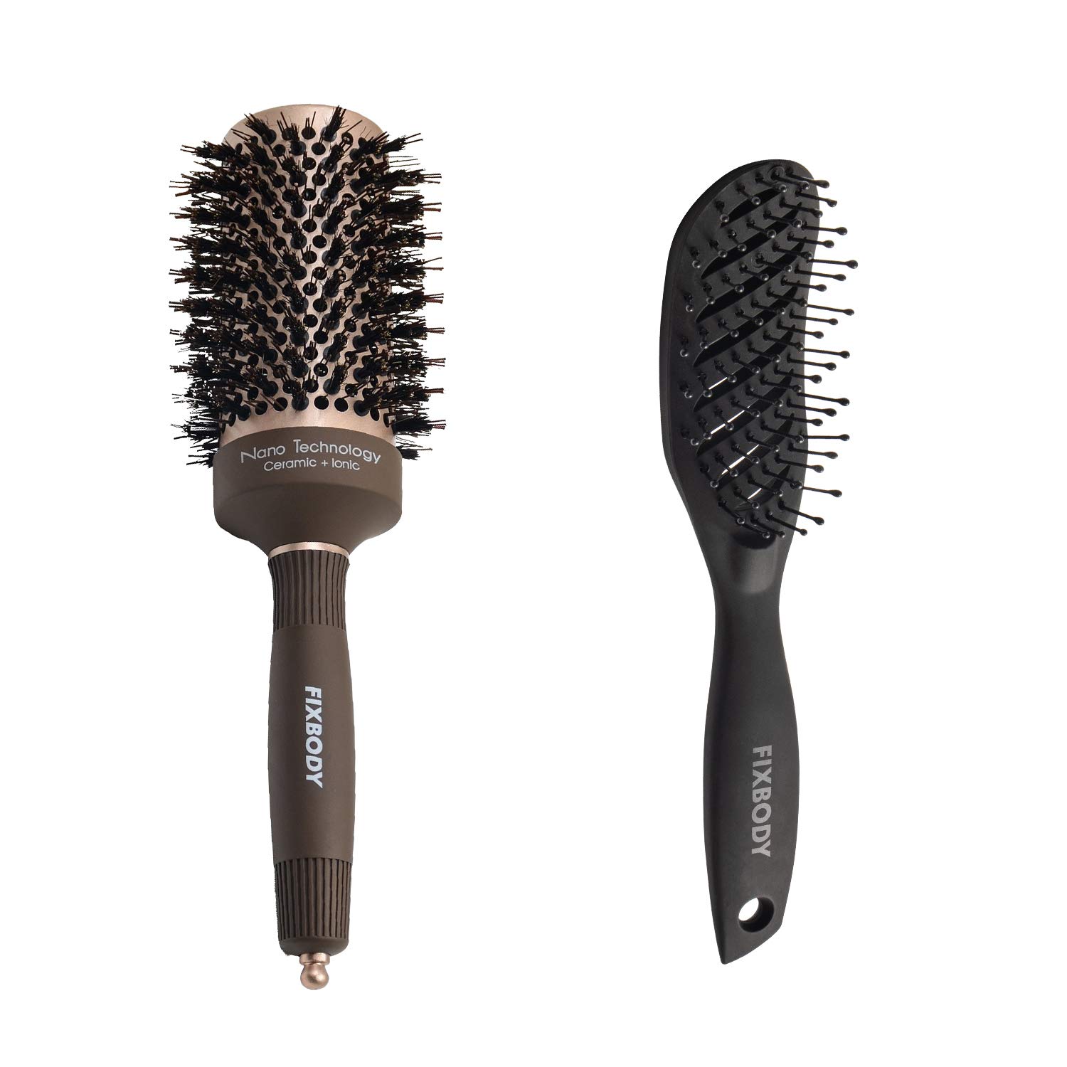 FIXBODY Boar Bristles Round Hair Brush With Nano Thermal Ceramic and Ionic Tech | FIXBODY Curved Vent Hair Brush for Blow Drying