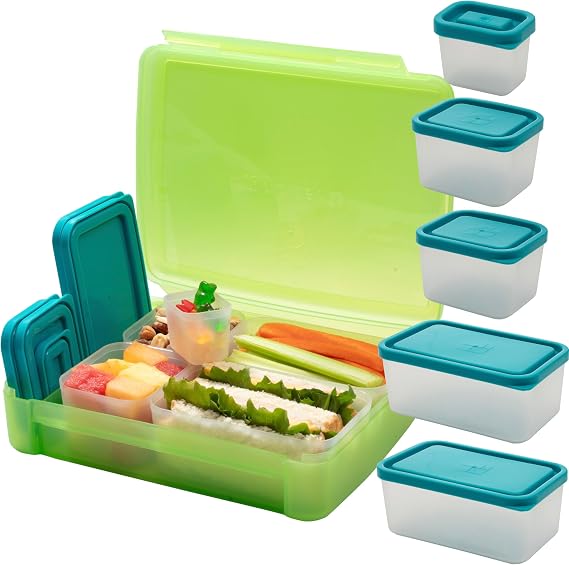 Bentology Bento Lunch Box Set w 5 Leakproof Made-to-Size Snack Containers & Built-In Utensil Holder- Meal Prep Made Easy w Reusable, Kid's Back to School or Office- Durable, BPA Free, Dishwasher Safe