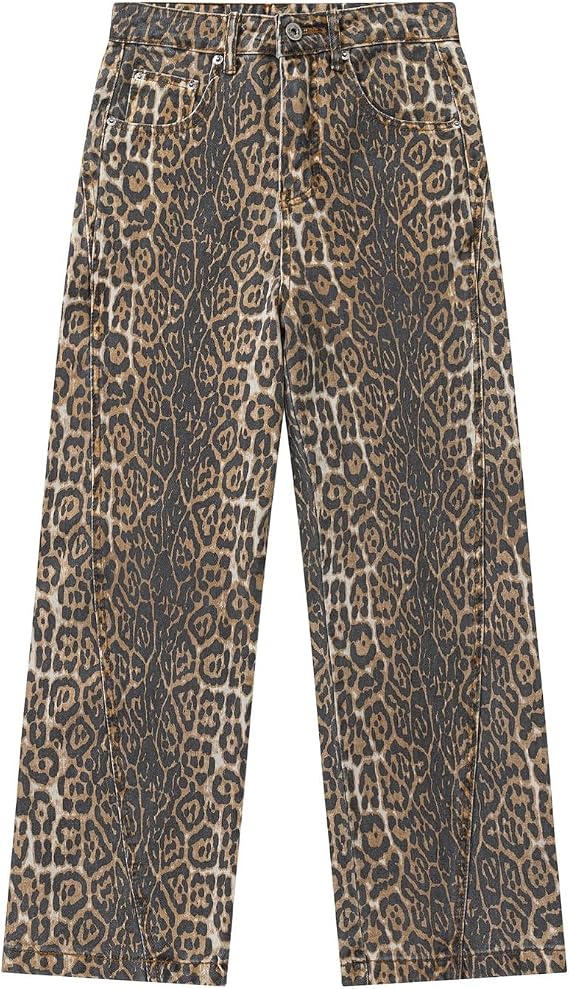 Y2k Leopard Pants Women High Waisted Cheetah Print Jeans Vintage Trendy Straight Leg Denim Streetwear