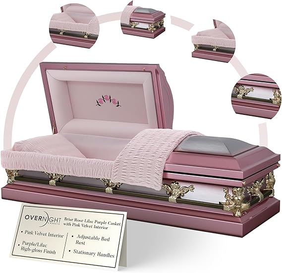 Overnight Caskets Briar Rose Metal Funeral Casket with Pink Velvet Interior | Premium 18-gauge steel with velvet interior, fully appointed adult casket featuring a coordinating pillow & throw set