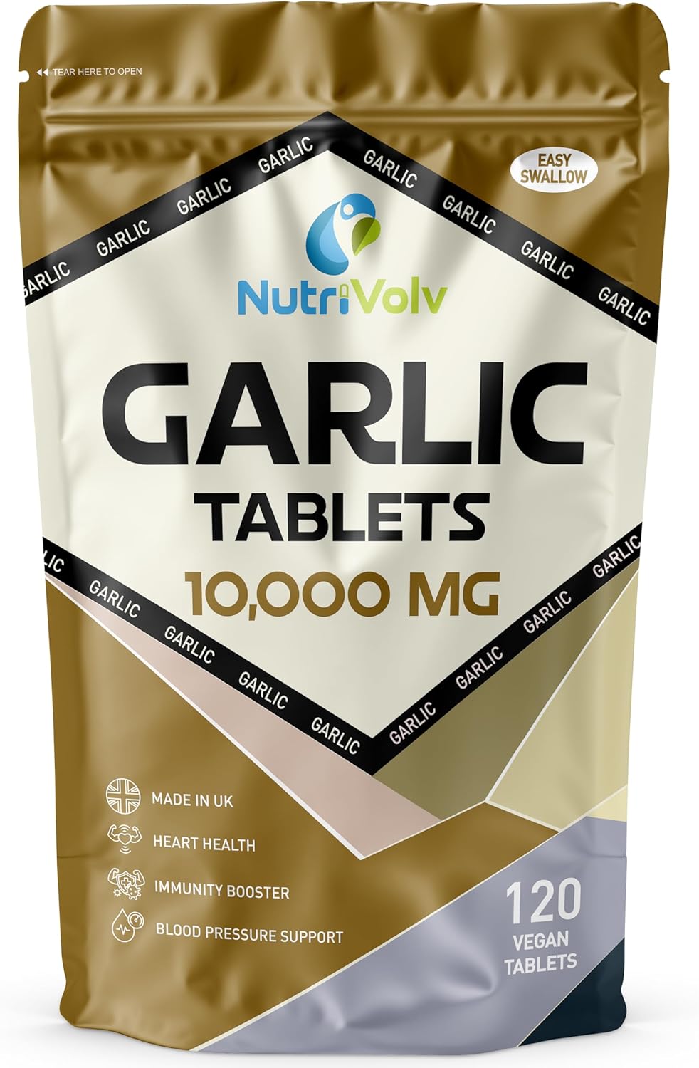 Garlic 10000mg High Strength Supplements Nutrition for Blood Pressure Support, Improved Heart Health, and Robust Immune System — Pack of 120 Healthcare Tablets