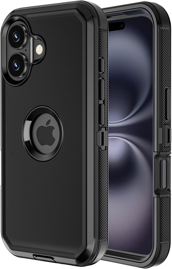 Jiunai for iPhone 16 Case Heavy Duty Strong Shockproof Screenless Black | Port Protection Dustproof Screenless Dual Layer Bumper Protective Cover Rugged Phone Case for iPhone 16 6.1'' Men Women Teen