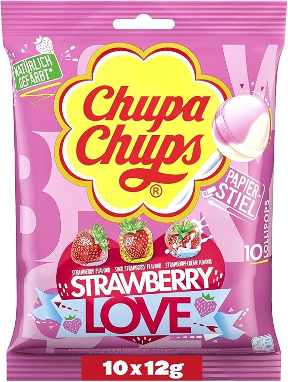 CHUPA CHUPS - Strawberry Love Lollipops - 3 Flavours x 10 Lollies - Christmas Sweets, Stocking Stuffers