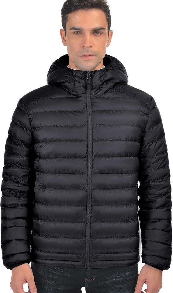 Bakery Men's Down Jacket Hooded Packable Down Puffer Jacket Lightweight Water-Resistant Insulated Down Jacket