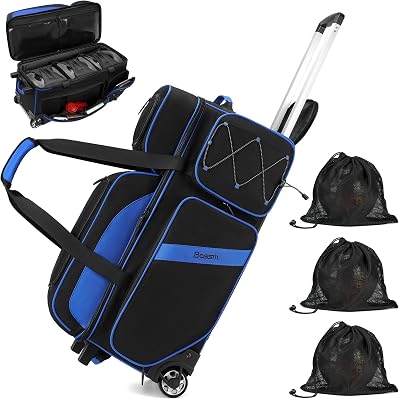 BOSSTIN 3-4 Ball Bowling Bags with Wheels, Secure Hook & Loop Fixed Ball Cup & Shoe Compartment Fits Up to Size 16, Roller with Multi-Pockets