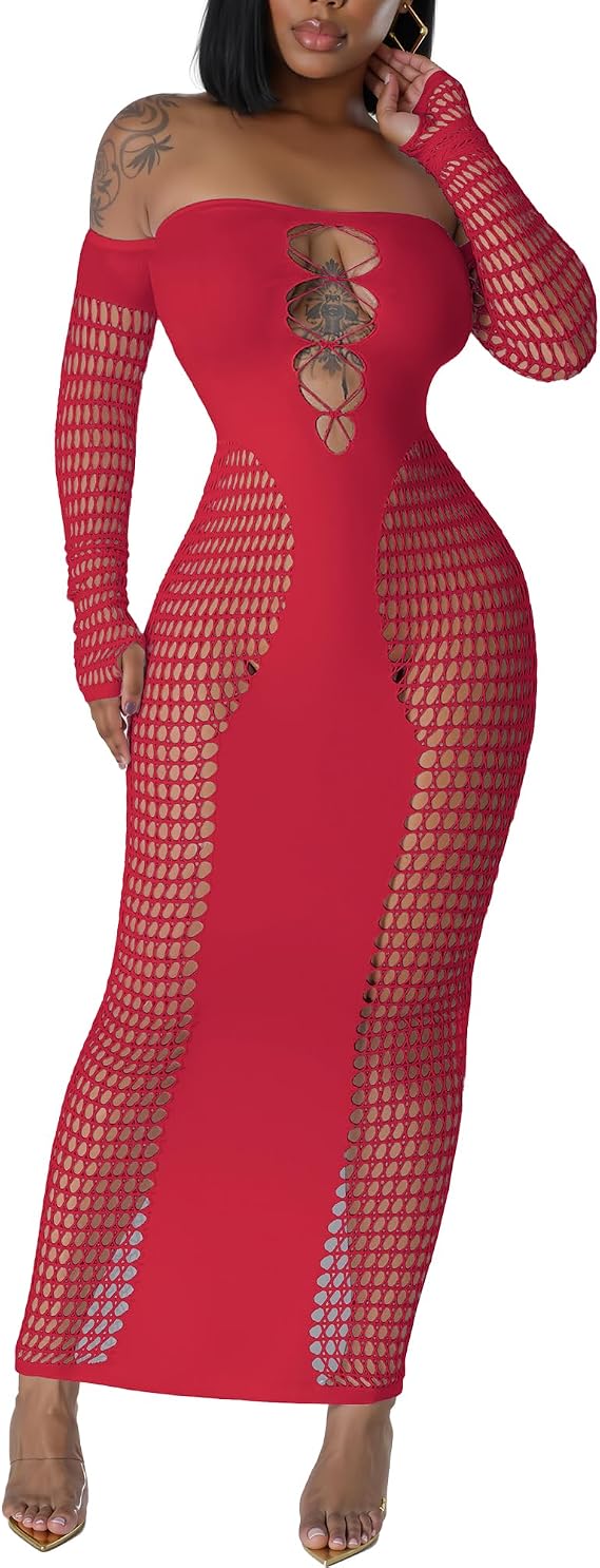OLUOLIN Women's Dress Sexy Club Dress Elegant Long Sleeve Off Shoulder Hollow Out Mesh Bodycon Party Dresses