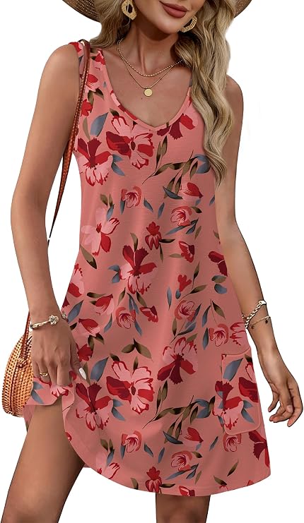 OFEEFAN Womens Summer Dresses 2026 V Neck Sleeveless Sundresses with Pockets Beach Vacation Clothes Floral/Plain