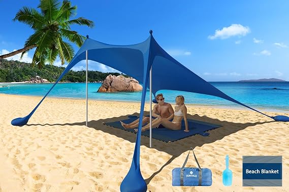 Pop Up Beach Tent Sun Shelter UPF50+, 7.9x7.9 FT Windproof Sun Shade with Beach Blanket, 2 Stability Poles, Carrying Bag, Sand Shovel, Outdoor Shade Canopy for Camping Trips,Fishing,Picnics,Backyard