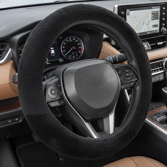 Steering Wheel Cover Warm,Fluffy Steering Wheel Cover, Universal 36-39 Cm & Anti-Slip Plush Cover, Soft Steering Wheel Covers For Women And Men,For Comfort And Cosy Driving (Black)