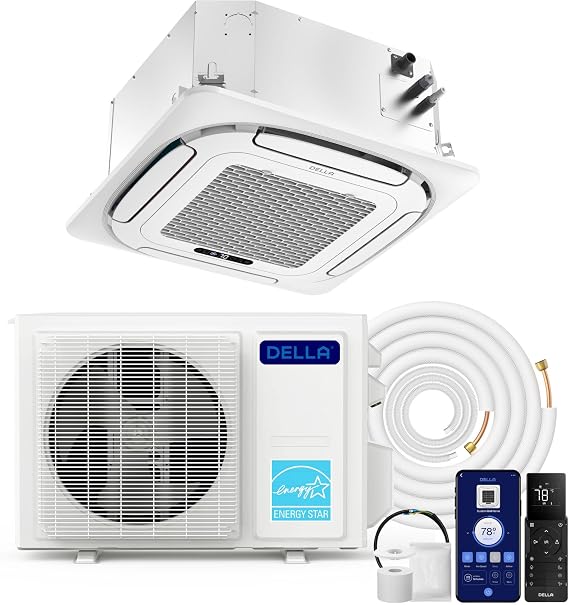 DELLA 18,000 BTU Ceiling Cassette Mini Split AC,20.5 SEER2,Ultra Heat -13F,Energy Star 8-way 360 Airflow,Alexa Control,Ductless Inverter System Pre-Charged Heat Pump,230V,Covers 1000 Sq. Ft,16ft Kit