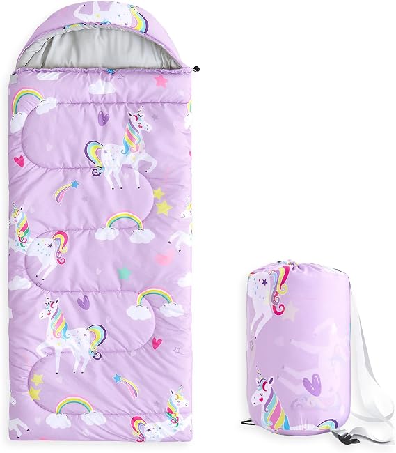Wake In Cloud - Kids Sleeping Bag for Girls Toddlers, Camping in Warm Cold Weather, Backpacking Lightweight Compact Outdoor Liner for 3 Seasons, Unicorns Rainbow Clouds