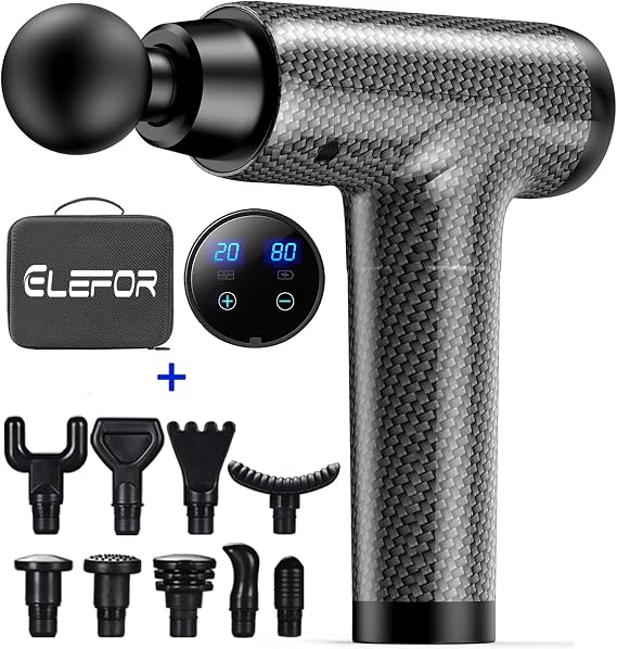 Elefor Massage Gun for Athletes Deep Tissue Back Massager with 20 Adjustable Speeds, 10 Types of Massage Heads Duty Motor for Back Pain, Shoulder, Neck, Body, All Muscles Recover & Massage