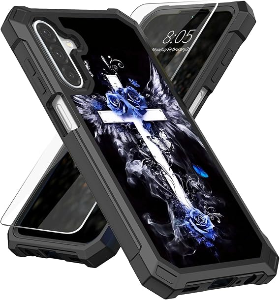 for Samsung Galaxy A36-5G Case with Screen Protector, Military Grade Drop Protection, Dual Layer Hybrid Shockproof Protection TPU Phone Case for Samsung A36 5G, Cross with Rose