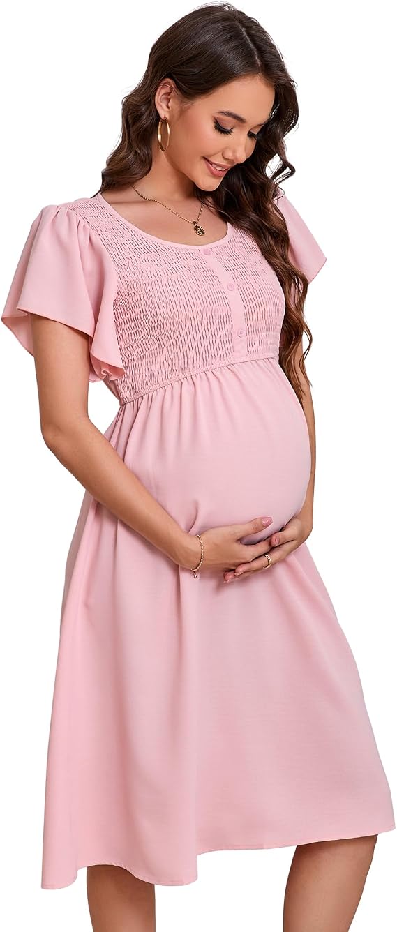 KOJOOIN Women's Maternity Smocked Dress Summer Short Sleeve Square Neck Casual Flowy Midi Dress Photoshoot Baby Shower